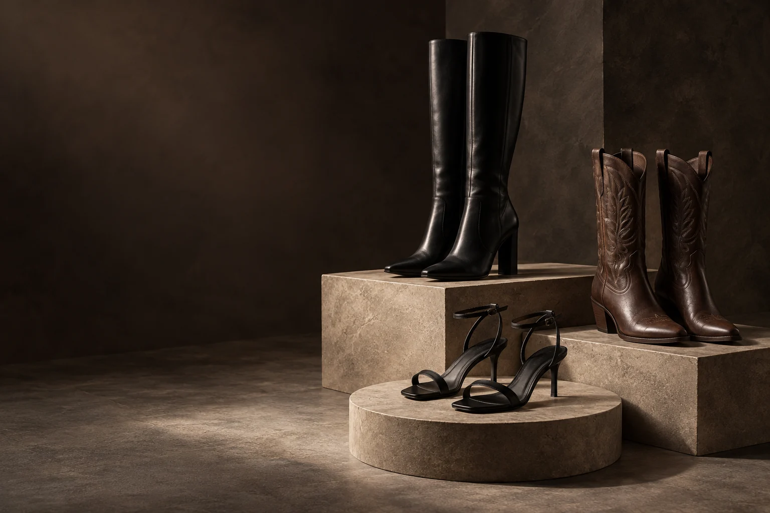 Illustrative studio composition of unbranded knee-high boots, cowboy boots and sandals